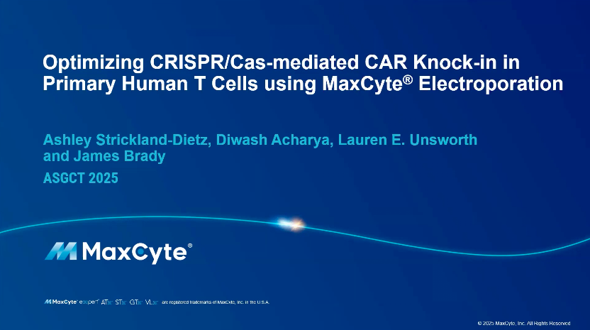 Thumbnail for Optimizing CRISPR/Cas-mediated CAR Knockin in Primary Human T Cells Using MaxCyte presentation